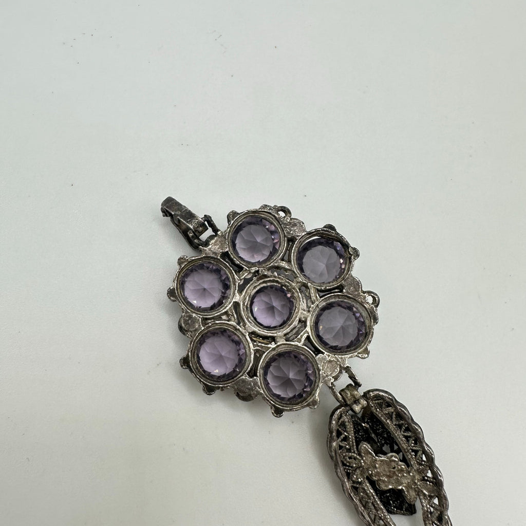 Antique Art Deco silver tone purple glass faux amethyst gemstones bracelet