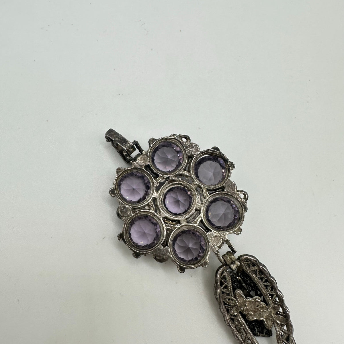 Antique Art Deco silver tone purple glass faux amethyst gemstones bracelet