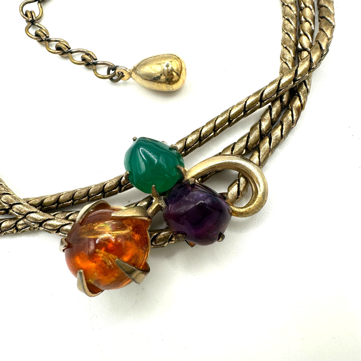 Vintage triple 3 strand gold tone chains multicolor art glass slider necklace