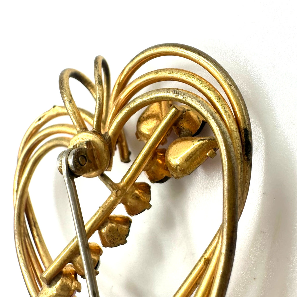 1940s 1950s vintage gold tone pink blue rhinestones heart brooch pin pendant