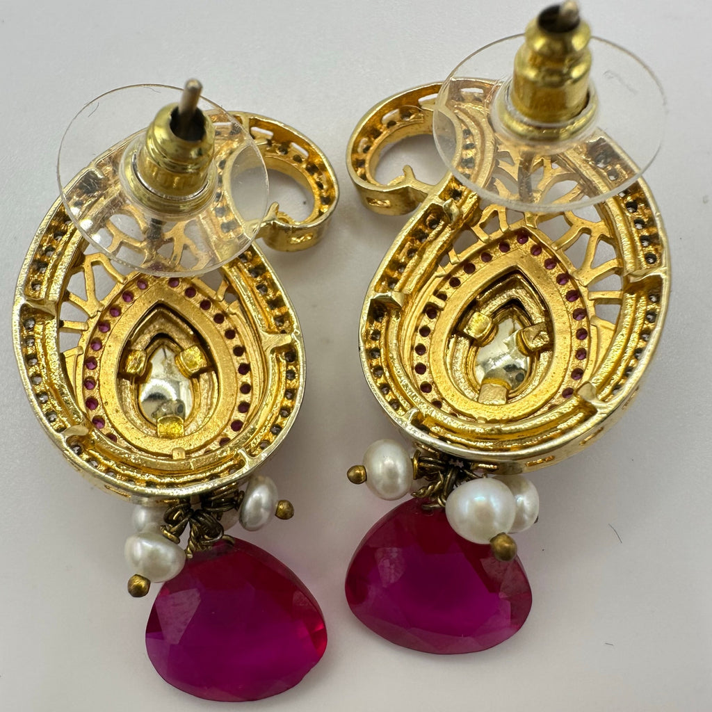 Indian Bridal gold kundan real ruby pearls cubic zirconia green glass earrings
