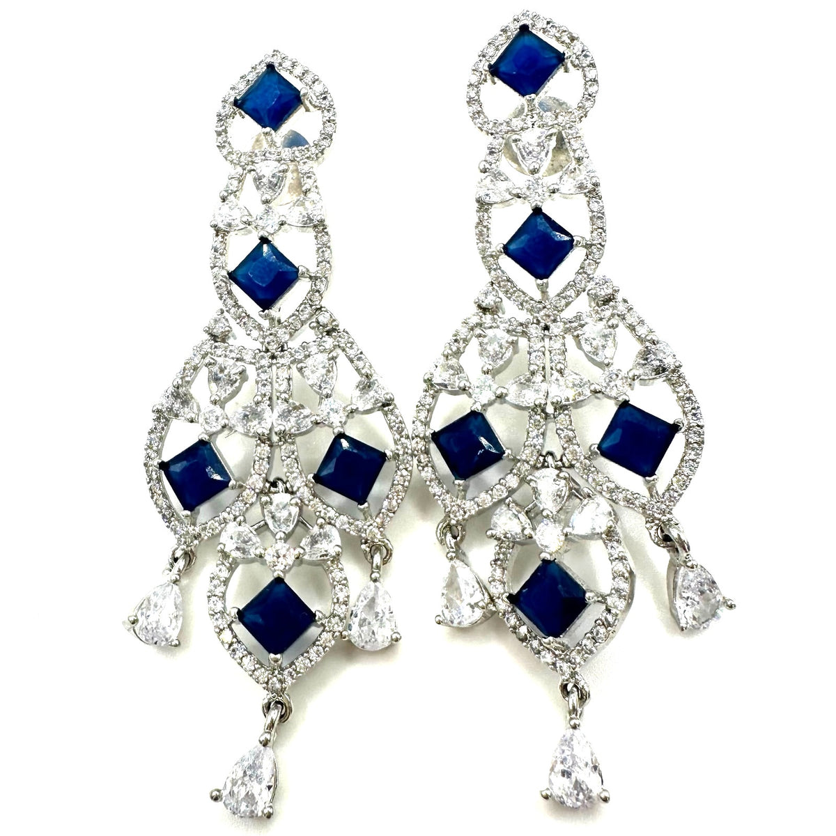 Silver tone blue faux sapphire clear cubic zirconia CZ drop post earrings