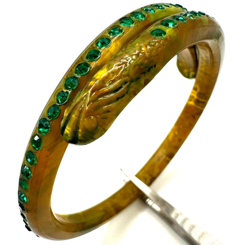 Antique Art Deco yellow celluloid green Czech rhinestones snake bangle bracelet