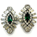Vintage 1940s 1950s silver tone clear emerald green rhinestones clip on earrings