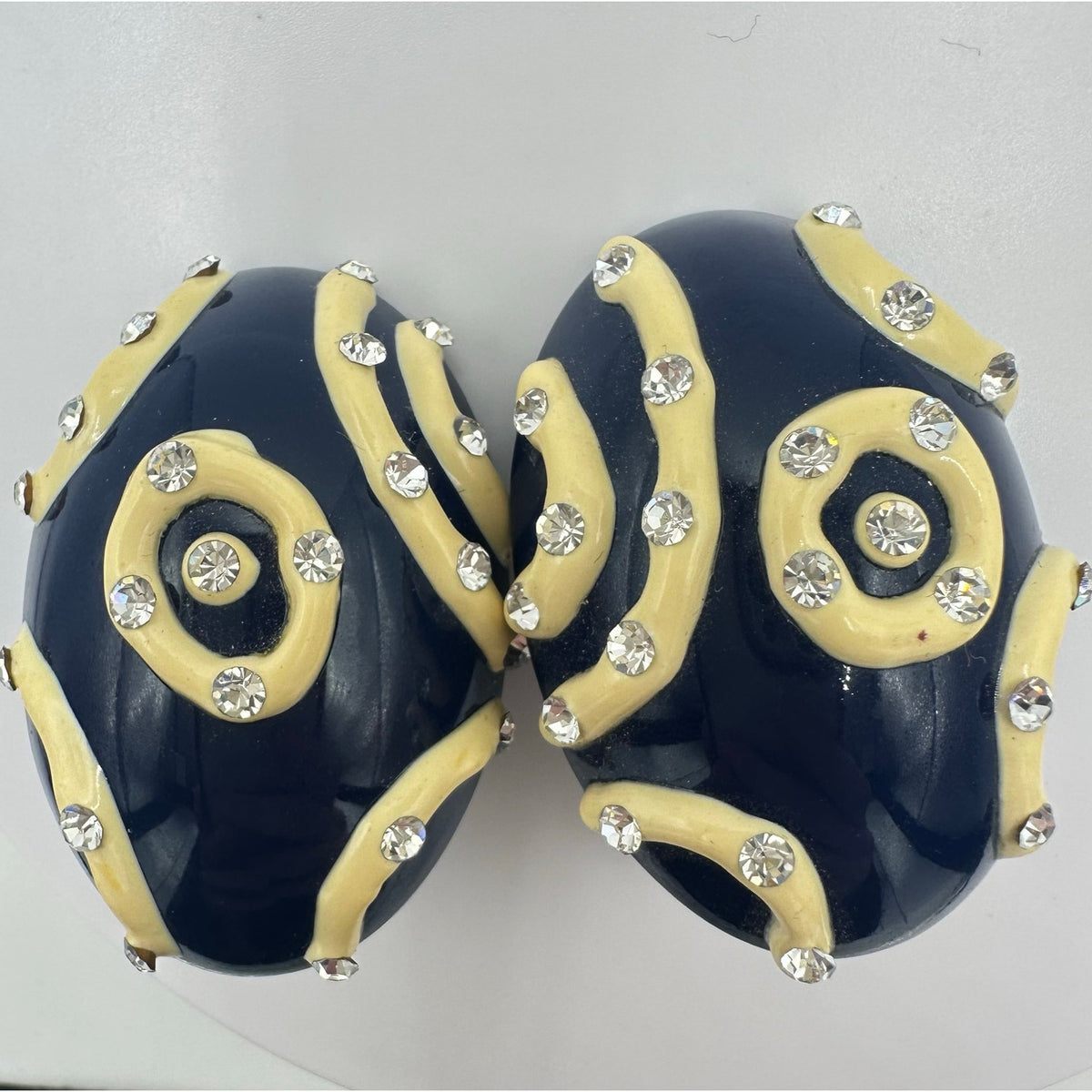 1980s vintage navy blue enamel cream rhinestones statement clip on earrings