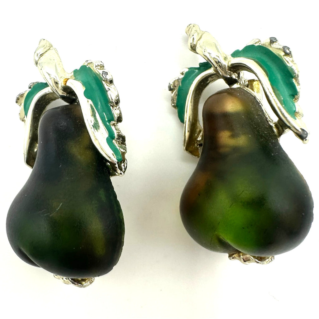 Set 2 vintage gold tone green Austrian art glass enamel pears brooches pins