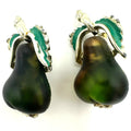 Set 2 vintage gold tone green Austrian art glass enamel pears brooches pins
