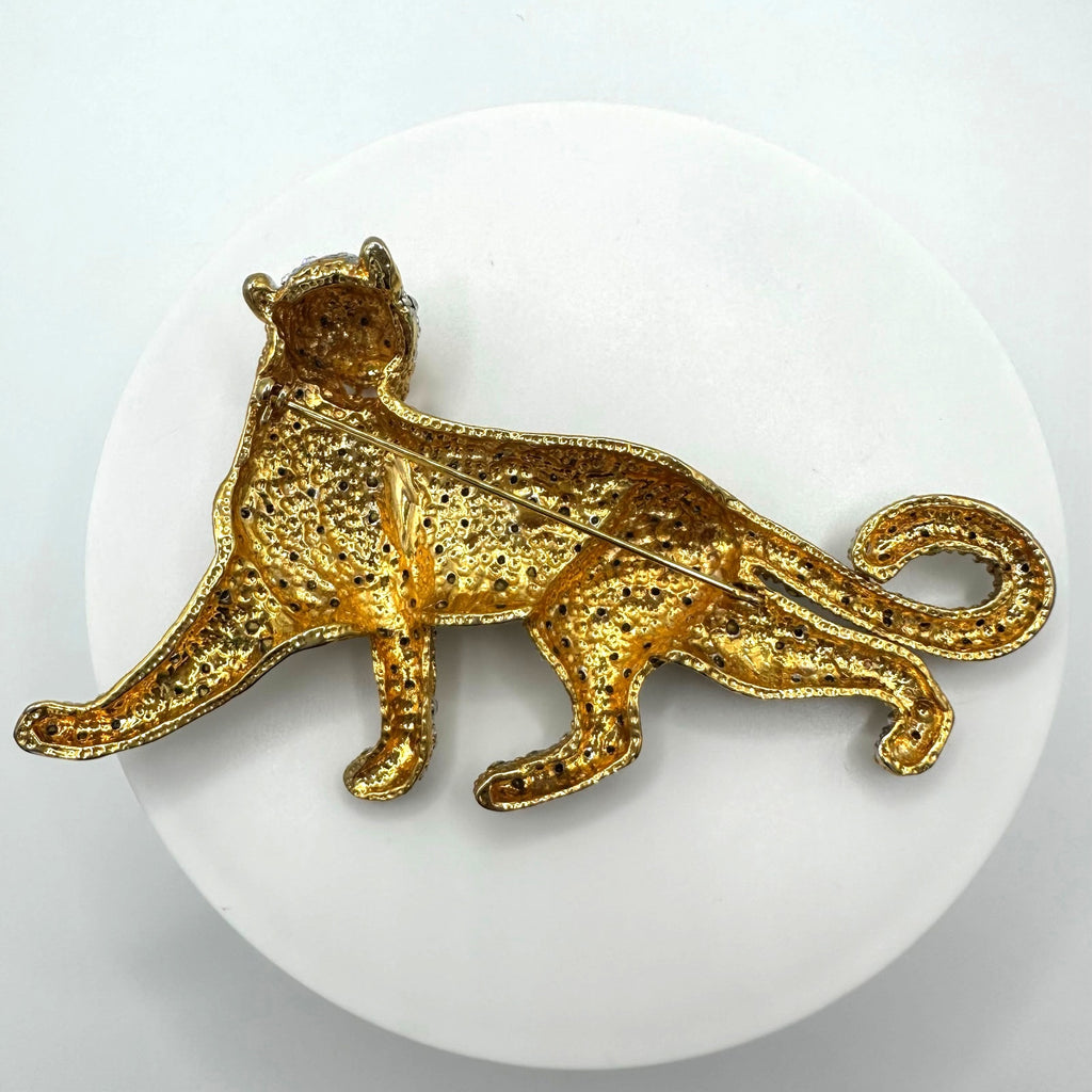 Vintage gold tone clear rhinestones black enamel leopard big cat figural brooch