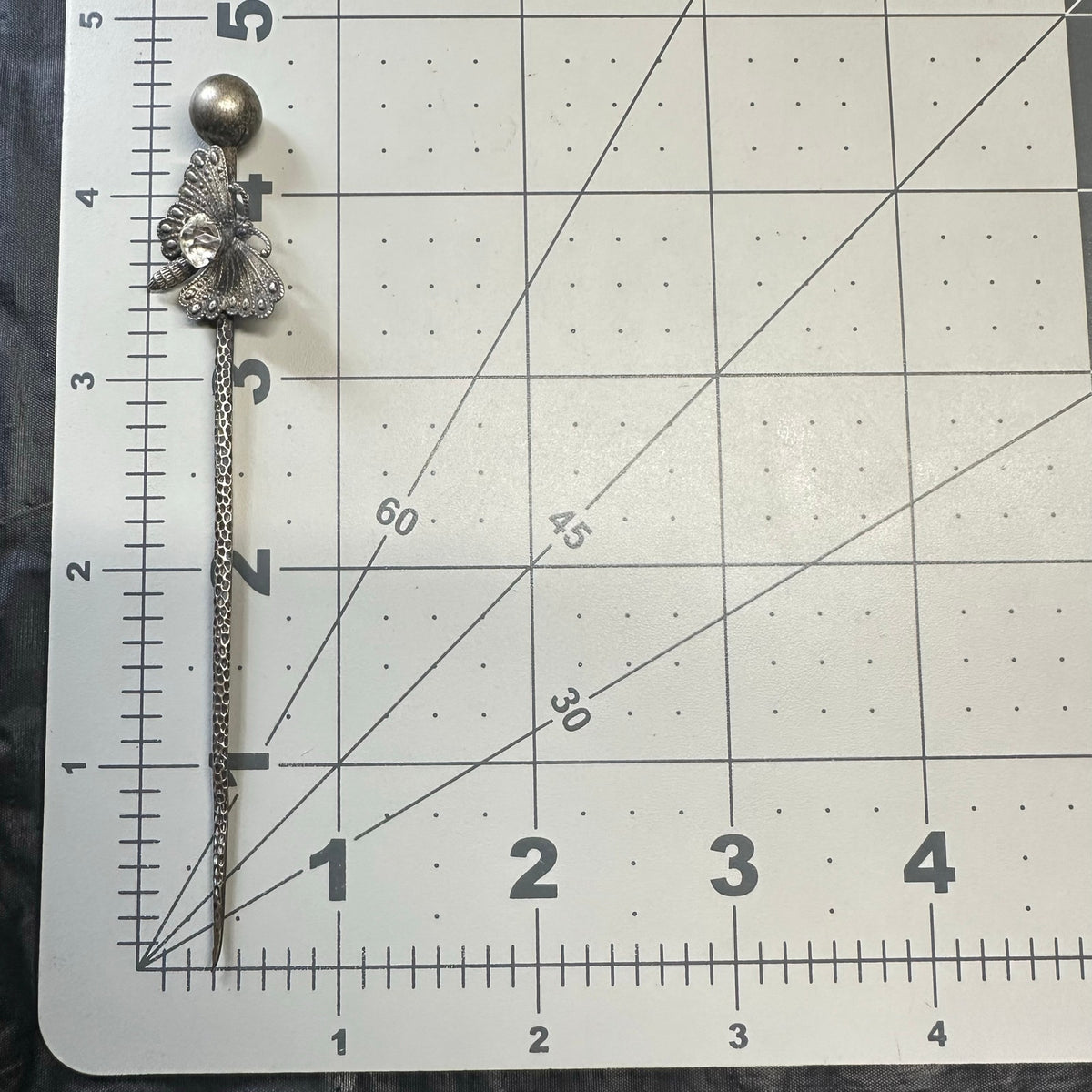Antique Victorian silver tone textured butterfly clear paste gemstone stick pin