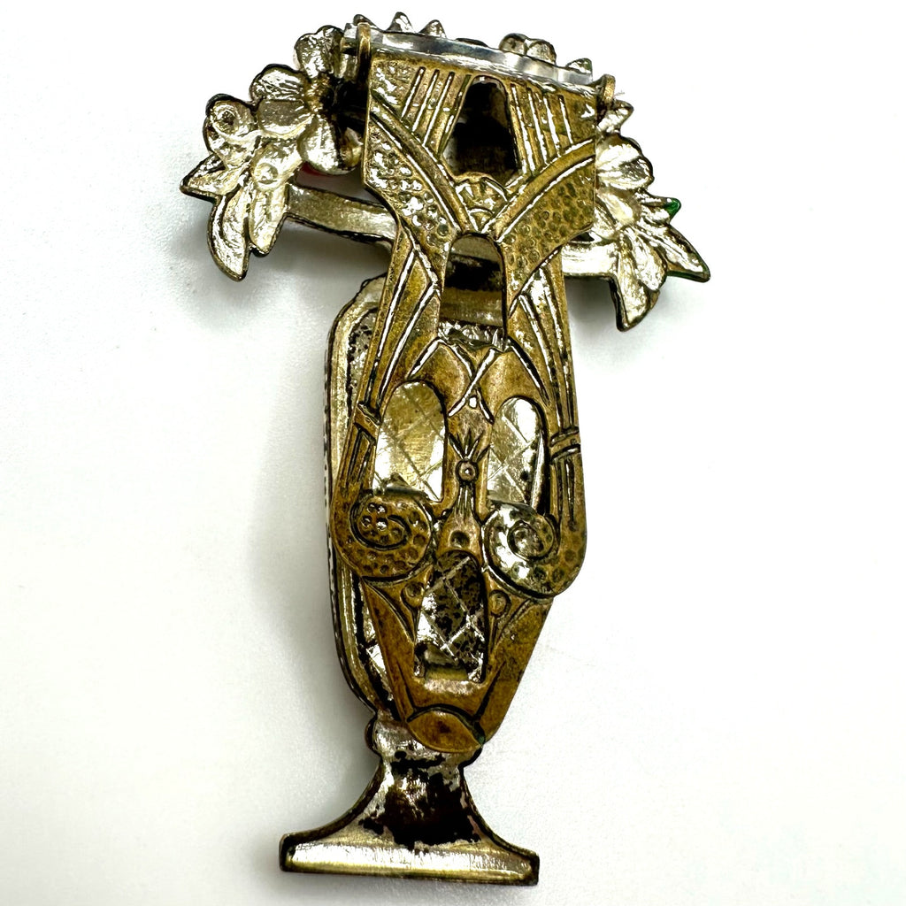 1940s vintage silver tone enamel flowers mother of pearl vase dress clip