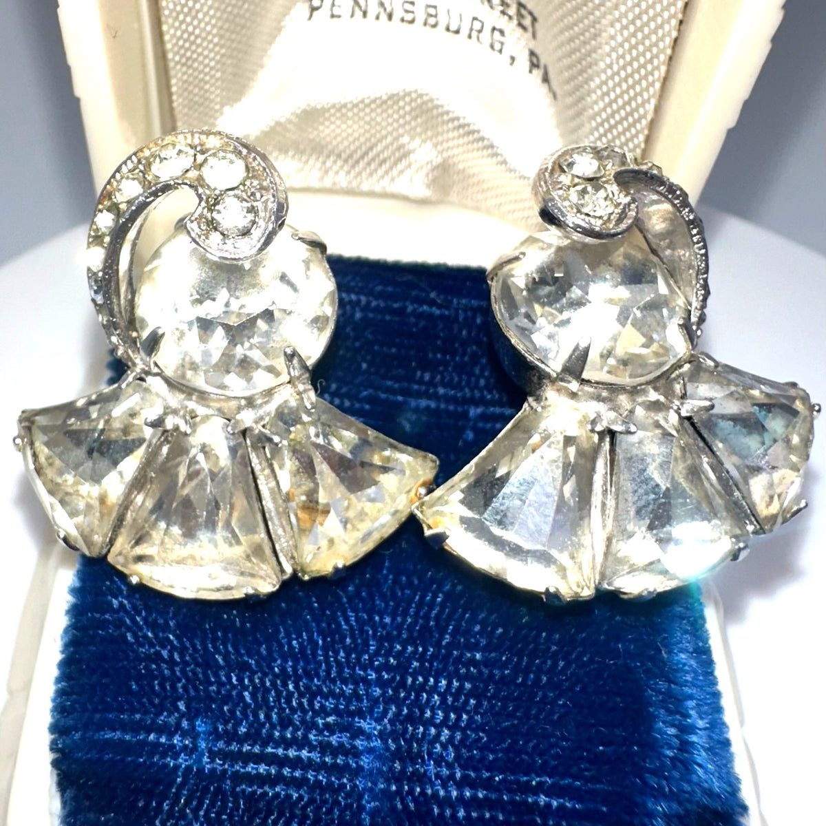 Eisenberg signed vintage silver tone clear glass rhinestones clip on earrings