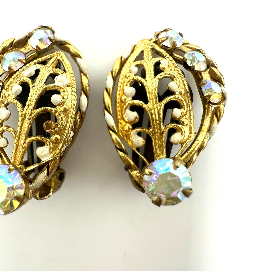 Austria vintage gold tone filigree leaves AB rhinestones clip on earrings