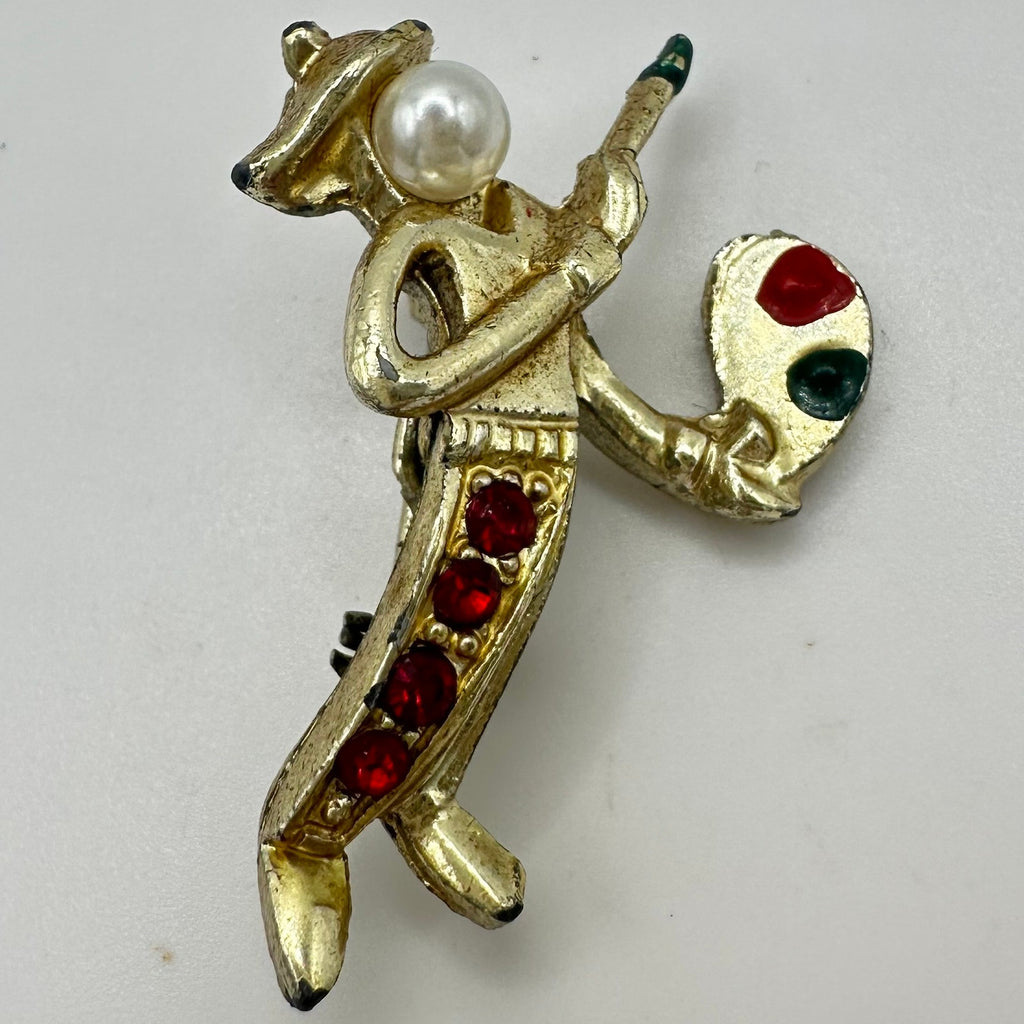 1940s vintage retro gold plated artist painter rhinestones figural brooch pin
