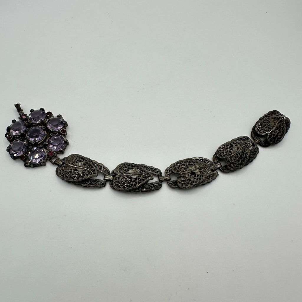 Antique Art Deco silver tone purple glass faux amethyst gemstones bracelet