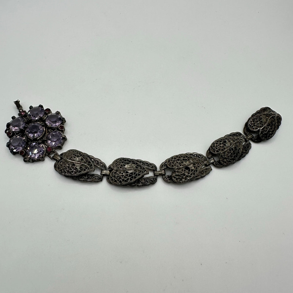 Antique Art Deco silver tone purple glass faux amethyst gemstones bracelet