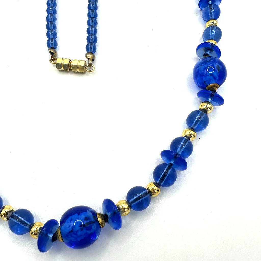 Vintage Art Deco Revival blue glass beads gold tone 21" graduated necklace