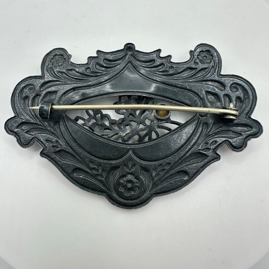 Antique 1900s Art Nouveau gilt silver brass purple rhinestone sash pin brooch