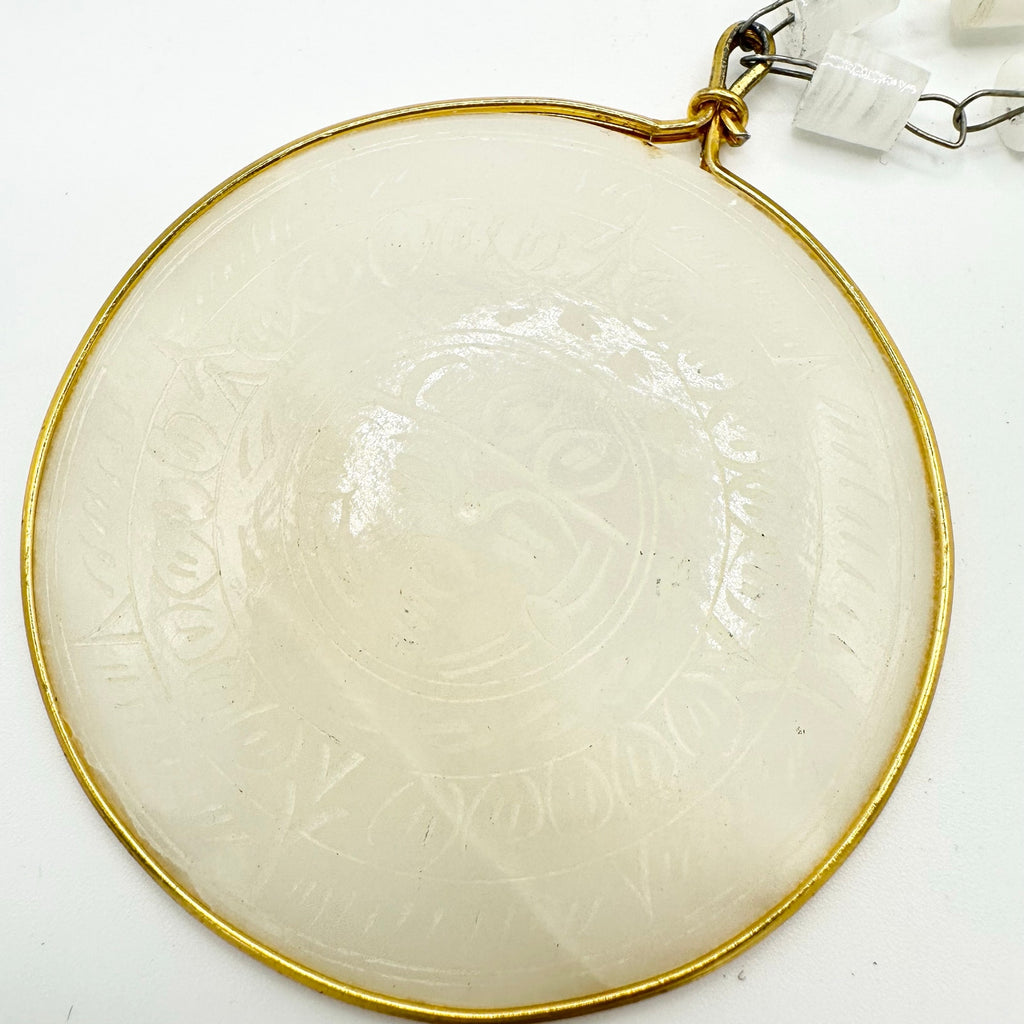 Vintage hand etched white agate large Aztec Mayan sun god pendant 26” necklace