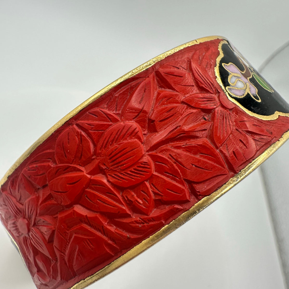 Vintage Chinese multicolor cloisonné enamel red carved cinnabar bangle bracelet