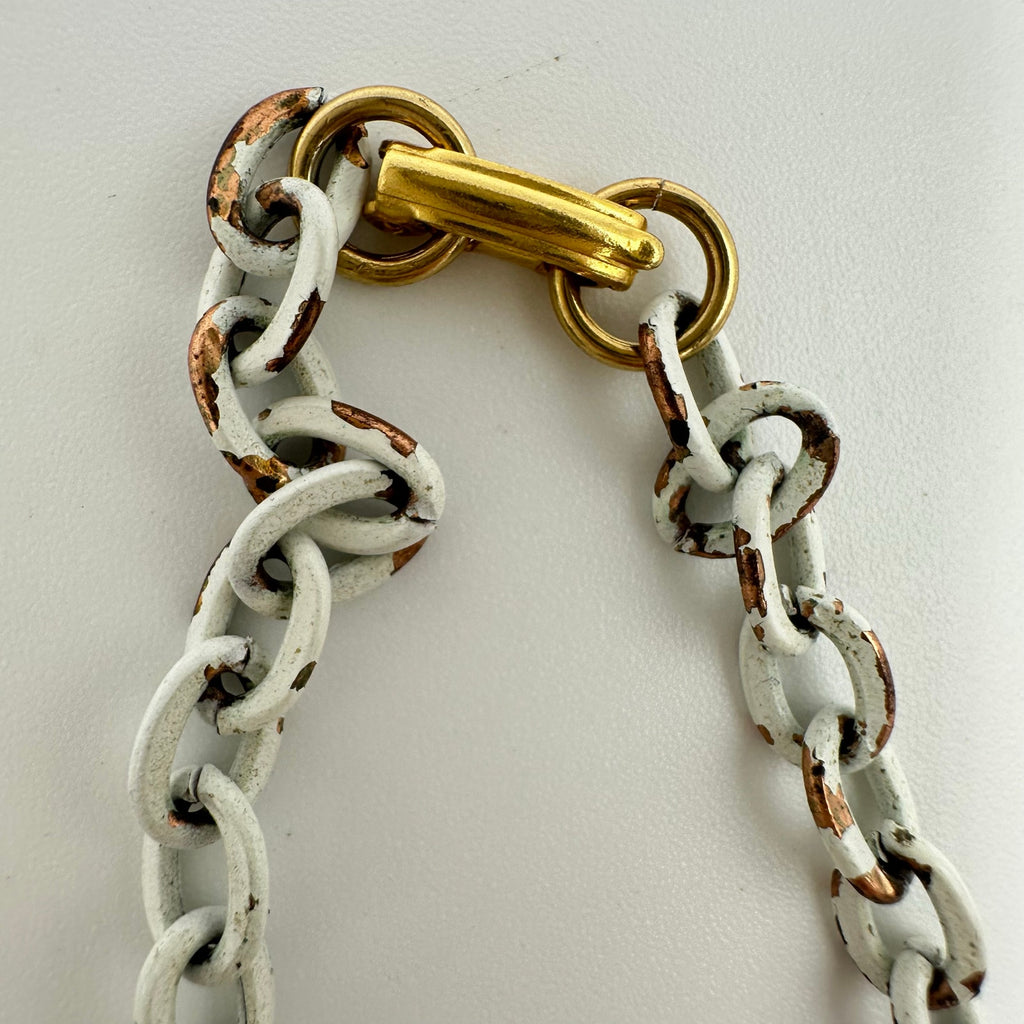 Vintage chunky gold tone white enamel knotted tassel fringe chain necklace