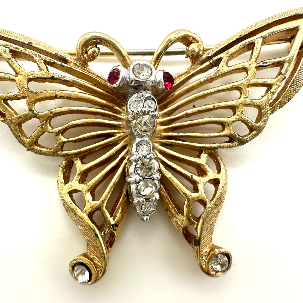 Marcel Boucher vintage gold tone clear red rhinestones butterfly brooch