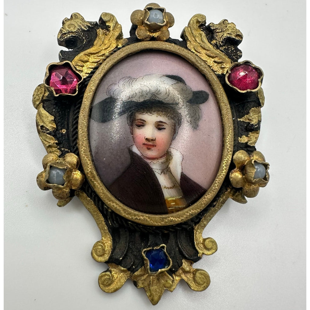 Antique Victorian hand painted portrait miniature gold gilt glass gems brooch