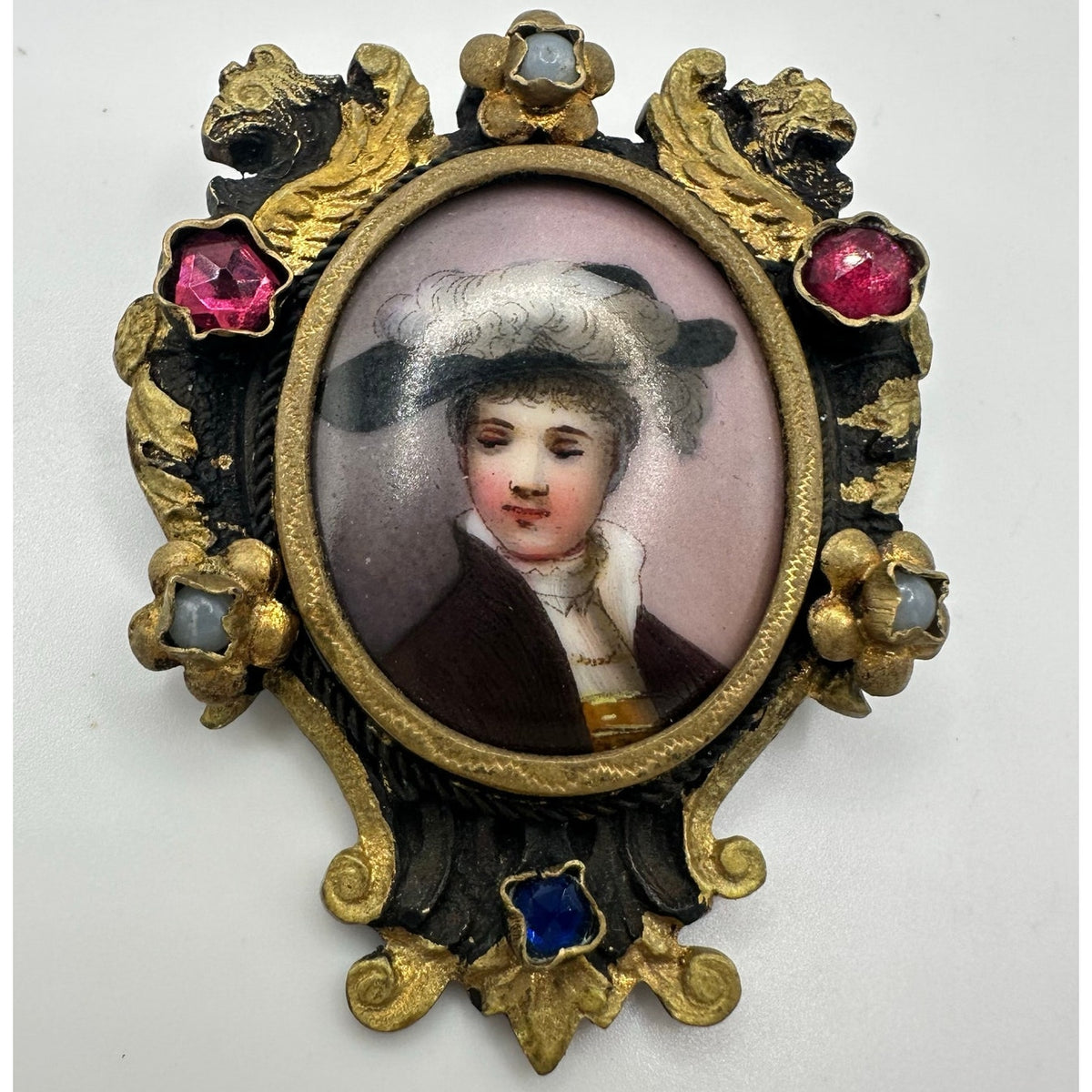 Antique Victorian hand painted portrait miniature gold gilt glass gems brooch