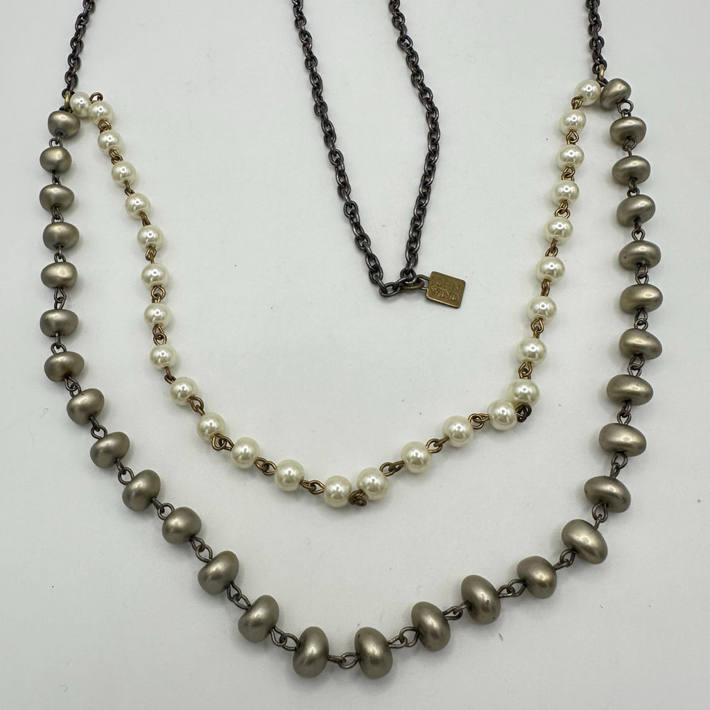 John Wind two-tone 2 double strand cream glass faux pearls beads beaded necklace