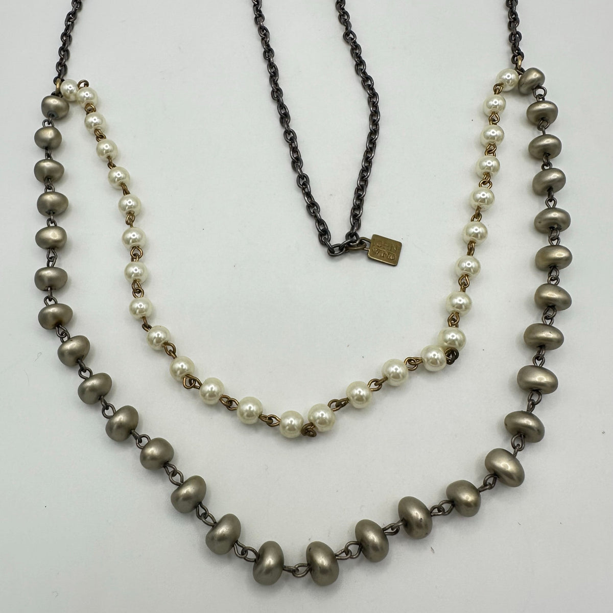 John Wind two-tone 2 double strand cream glass faux pearls beads beaded necklace