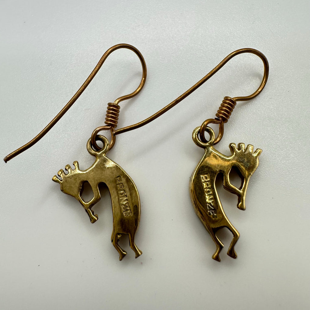 Native American bronze gold tone fire opal turquoise inlay Kokopelli earrings