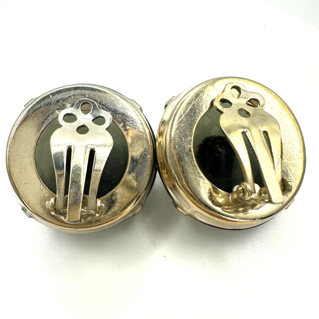 Vintage gold tone massive domed gray glass rhinestones AB clip on earrings
