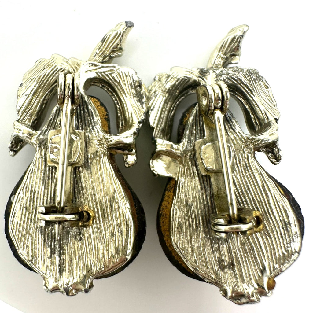 Set 2 vintage gold tone green Austrian art glass enamel pears brooches pins
