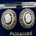1950s vintage gold tone white black hand painted glass Trojan cameo cufflinks