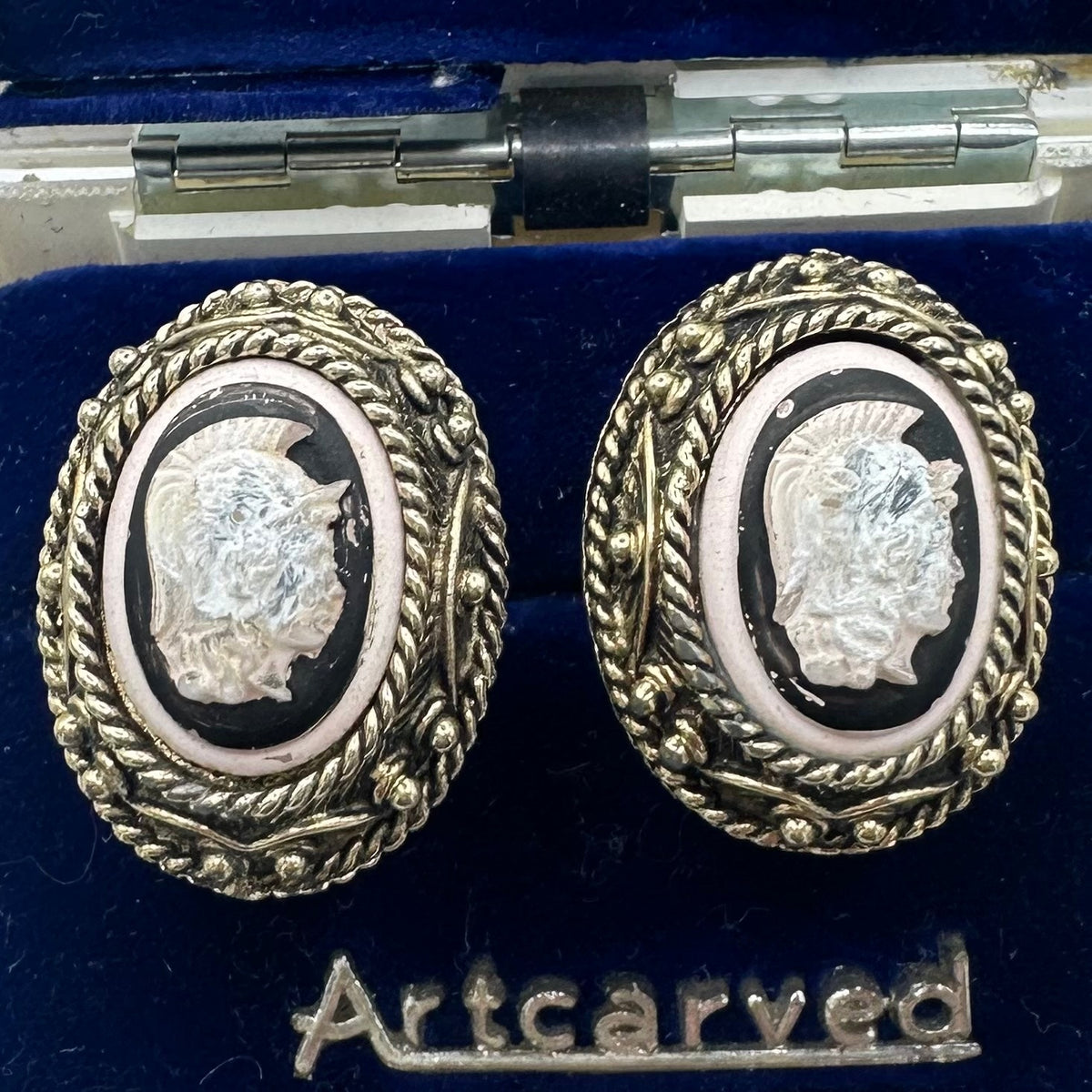 1950s vintage gold tone white black hand painted glass Trojan cameo cufflinks