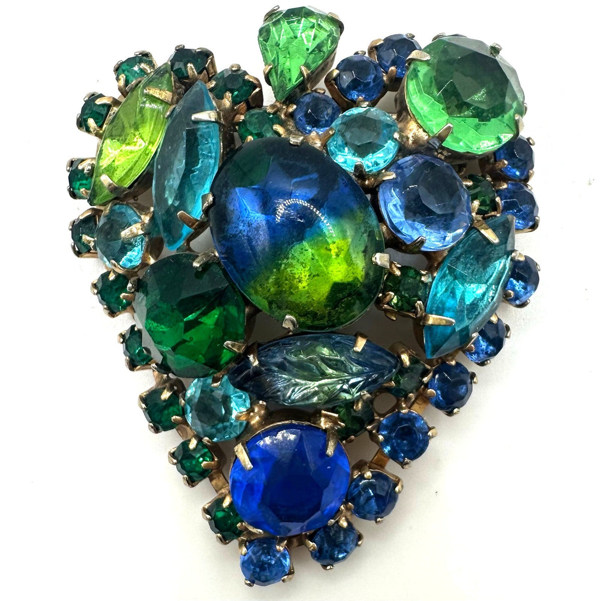 Vintage gold tone multicolor green blue rhinestones art glass heart brooch