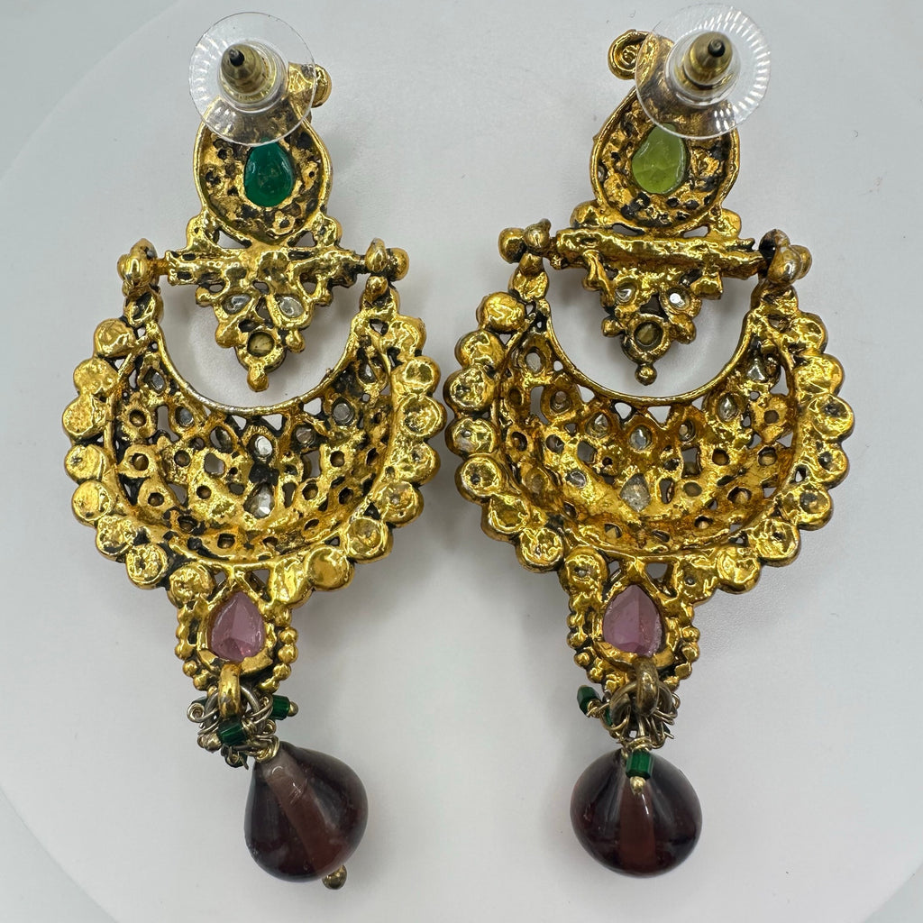 Indian Bridal gold kundan green purple glass rhinestones faux pearl earrings