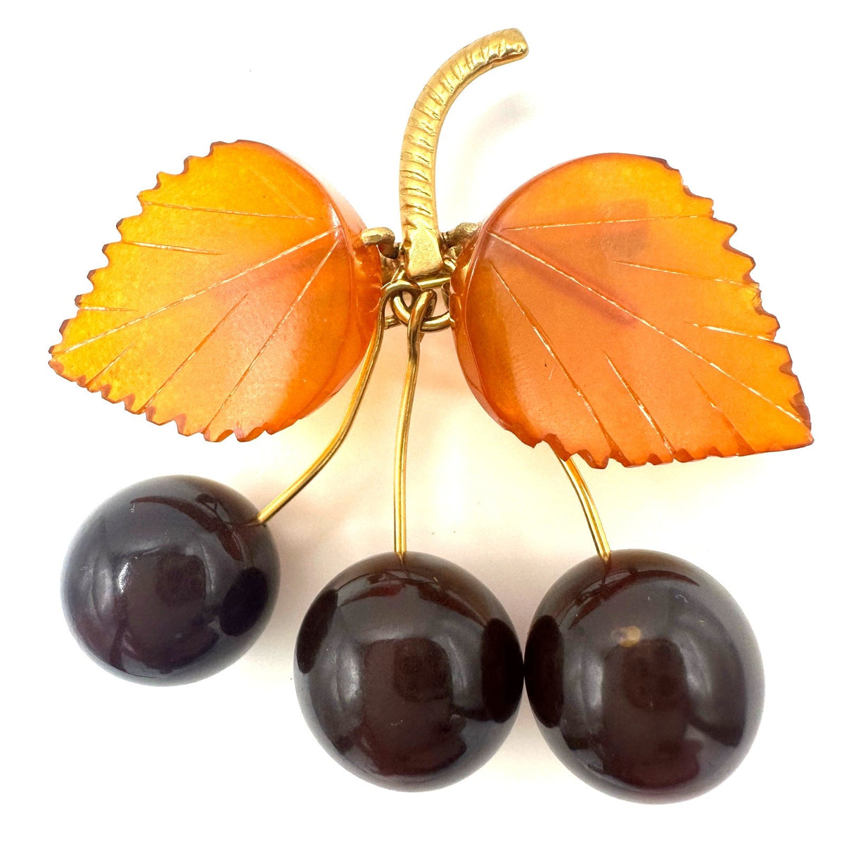 Soviet vintage gold plated genuine Baltic amber beaded cherry cherries brooch