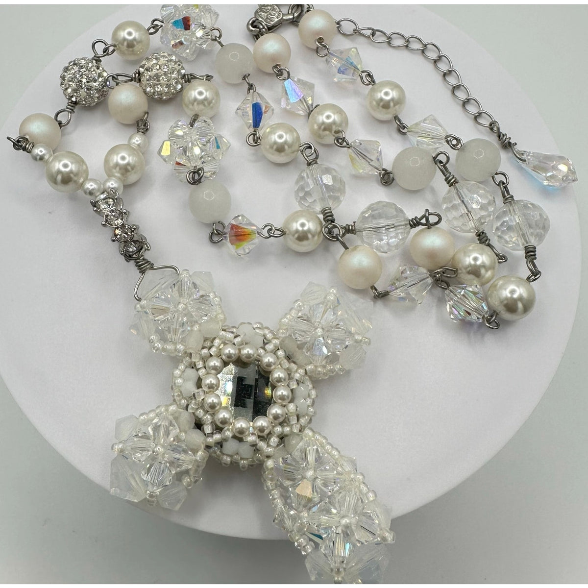 Handmade clear AB white opalite glass faux pearls cross beads beaded necklace