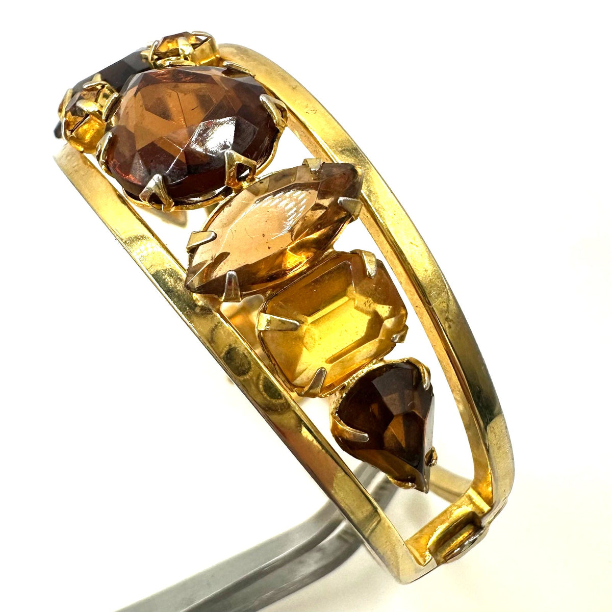 Juliana gold tone brown topaz glass rhinestones clamper bangle bracelet