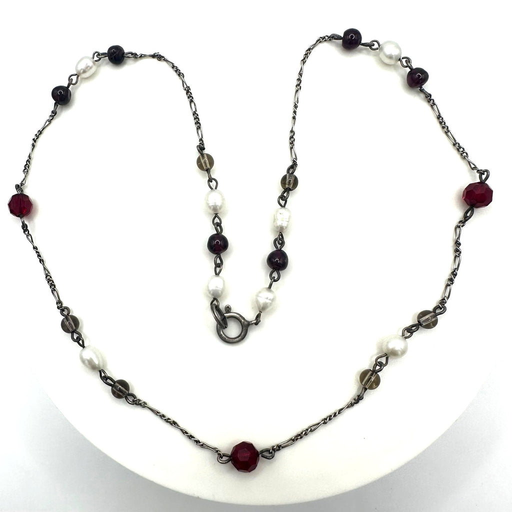 Vintage 925 sterling silver real pearls garnets quartz beaded chain 19" necklace