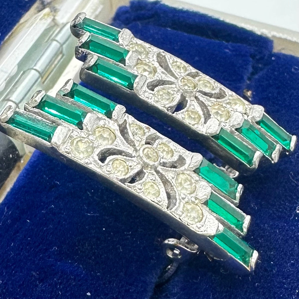 Panetta vintage silver tone clear emerald green rhinestones clip on earrings