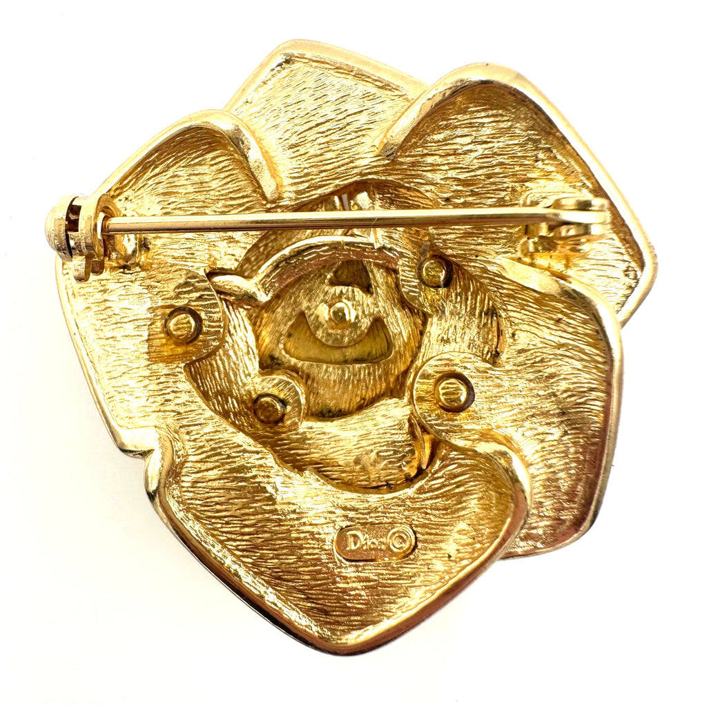 Rare Christian Dior 80s vintage gold plated clear crystals geometric rose brooch