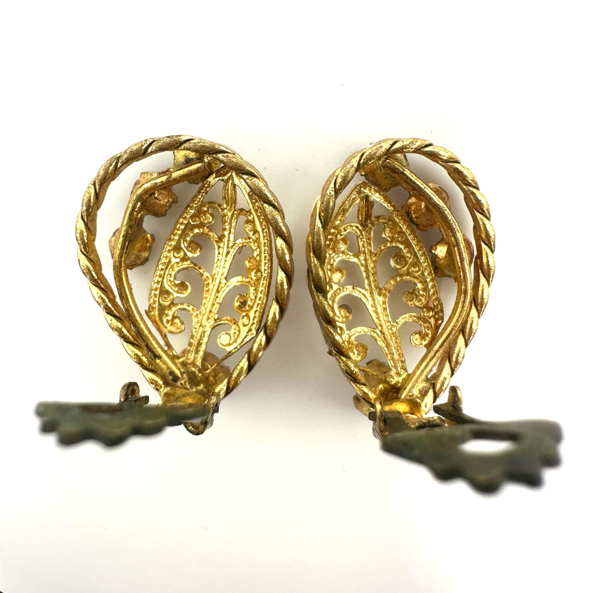 Austria vintage gold tone filigree leaves AB rhinestones clip on earrings