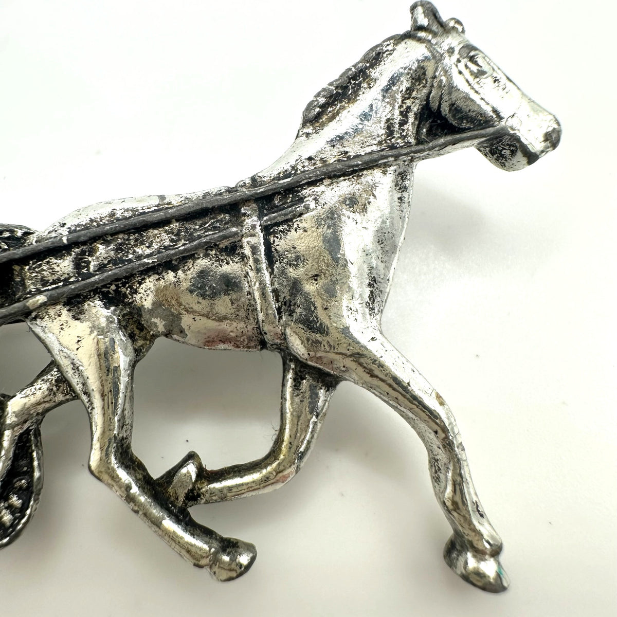 1940s vintage silver tone red enamel horse man racer chariot figural brooch