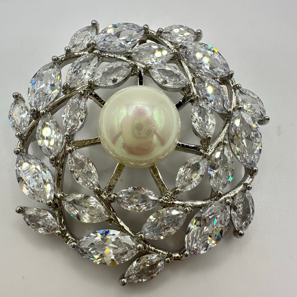 Vintage silver tone clear cubic zirconia CZ faux pearl round circular pendant