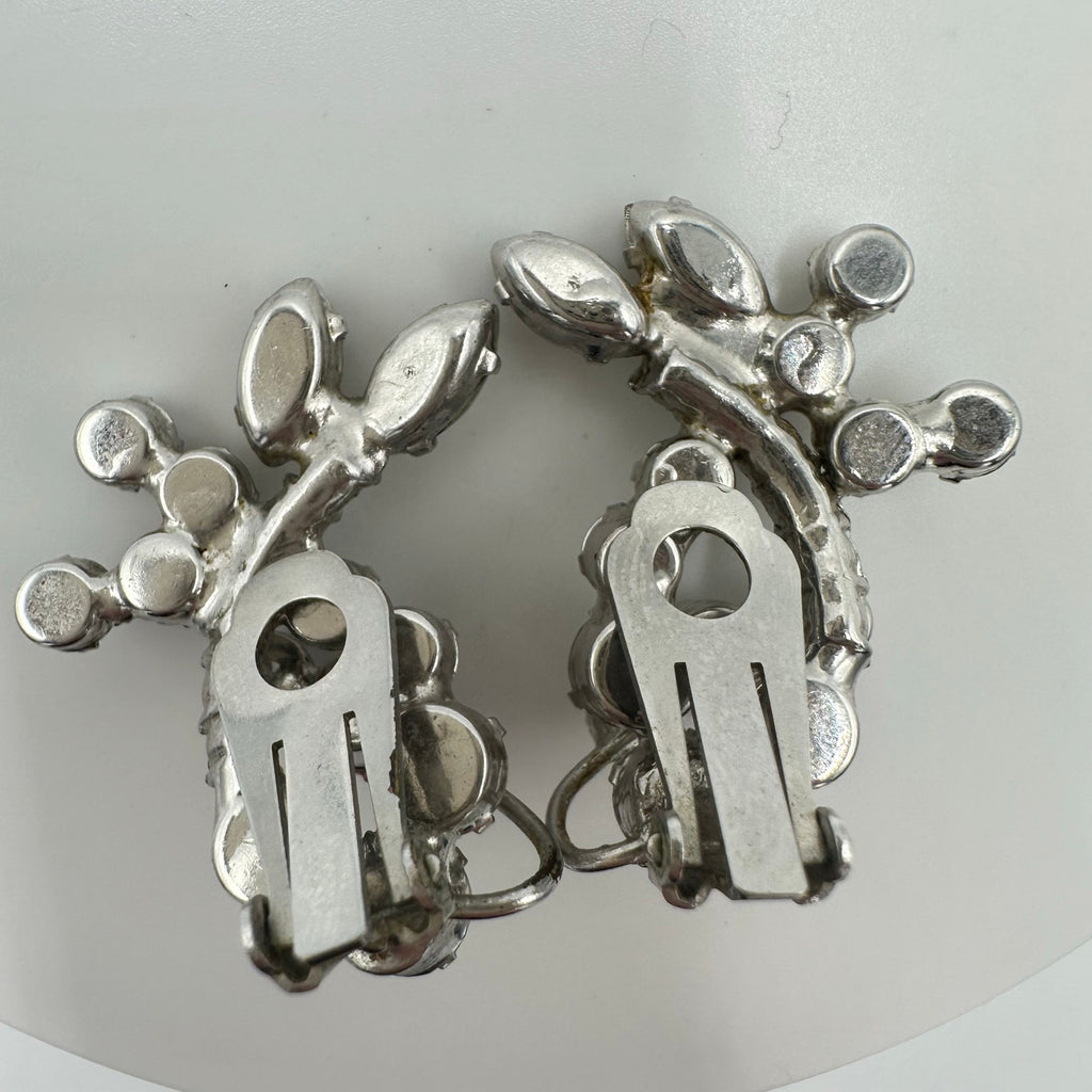 Vintage high end silver tone clear rhinestones wire over clip on earrings