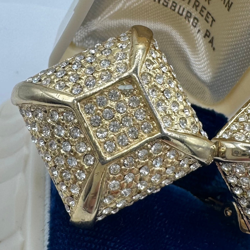 1980s 1990s vintage gold tone clear pavé rhinestones 3D square clip on earrings