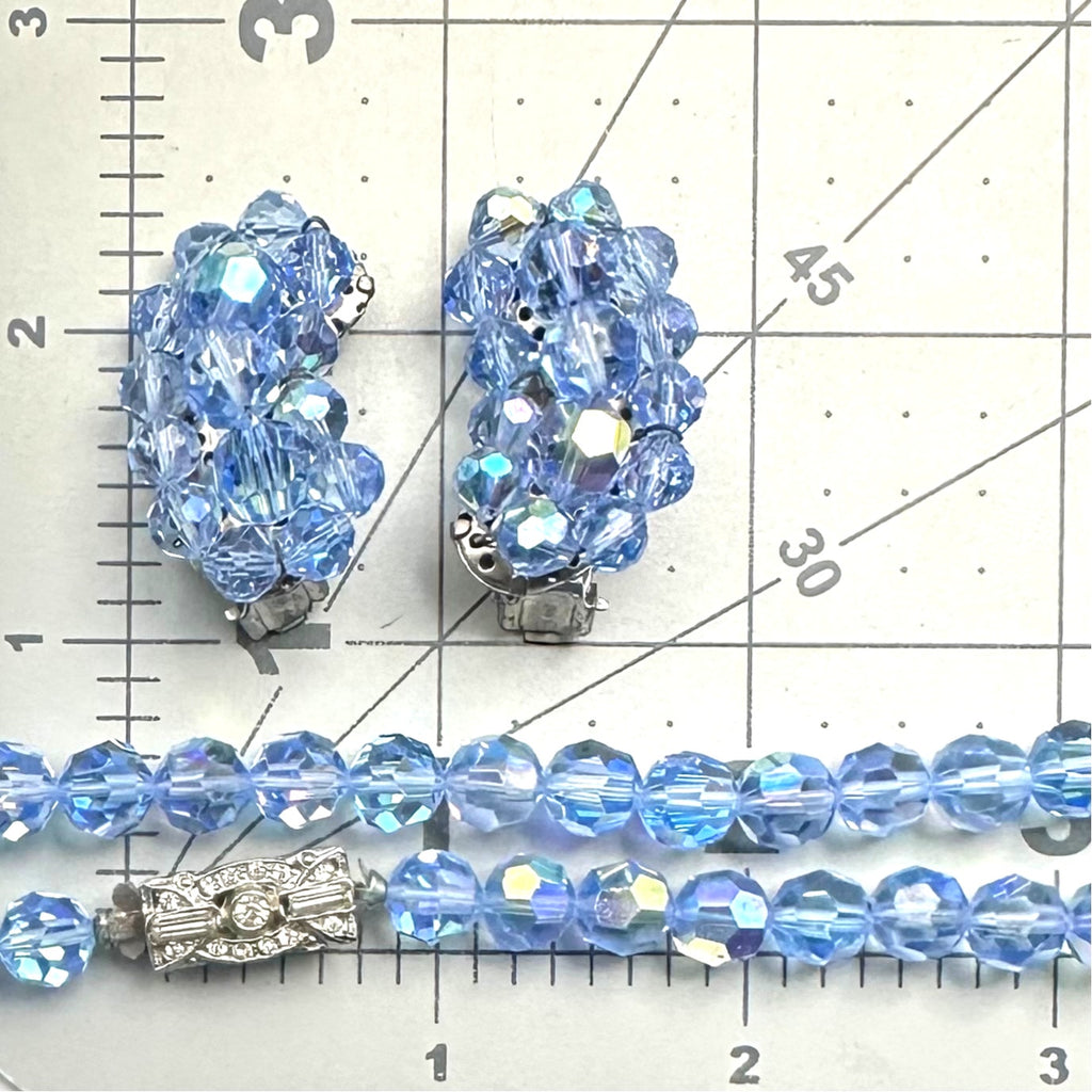 Vintage light blue aurora borealis AB glass beaded necklace clip on earrings