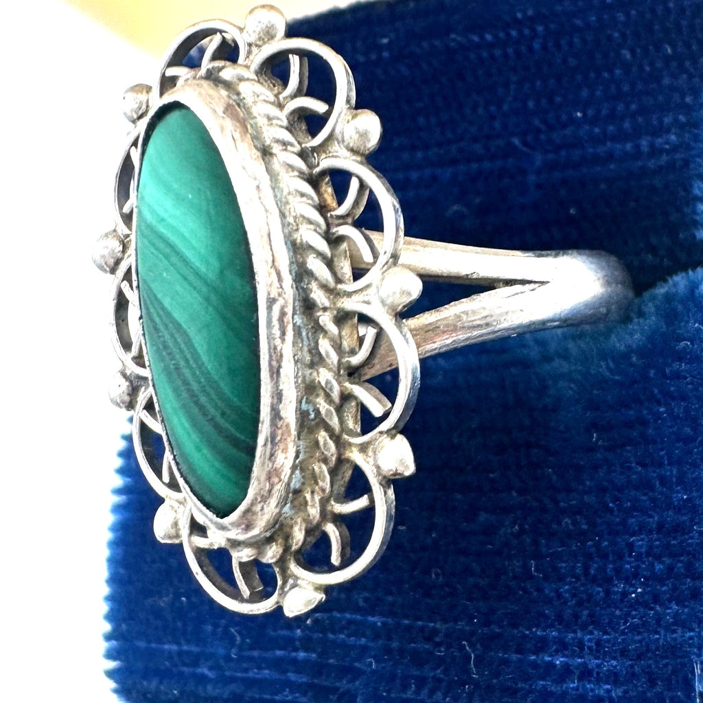 Taxco Mexico vintage 925 sterling silver green malachite cabochon ring size 9.5