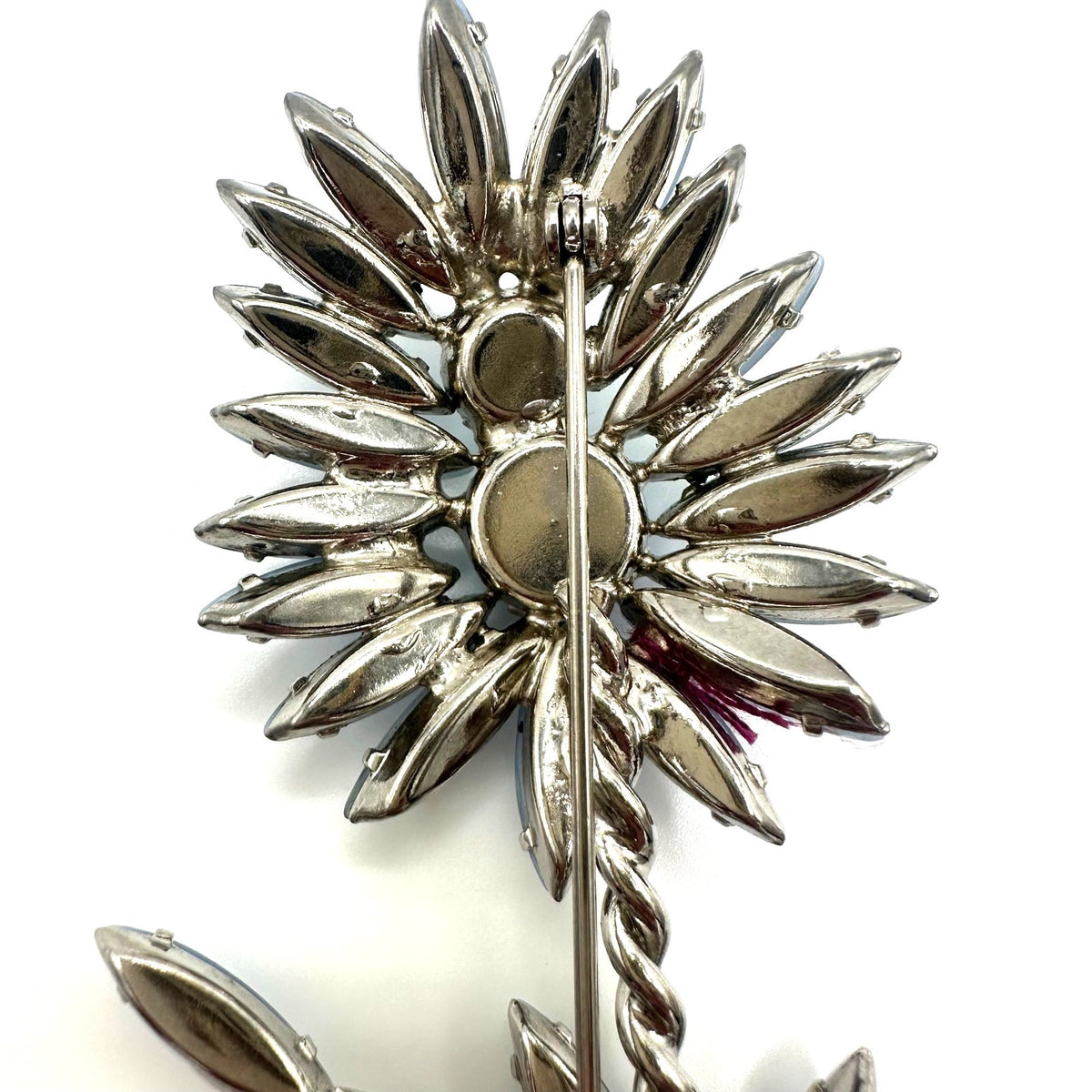 Vintage silver tone large 4" blue glass AB rhinestones navettes flower brooch
